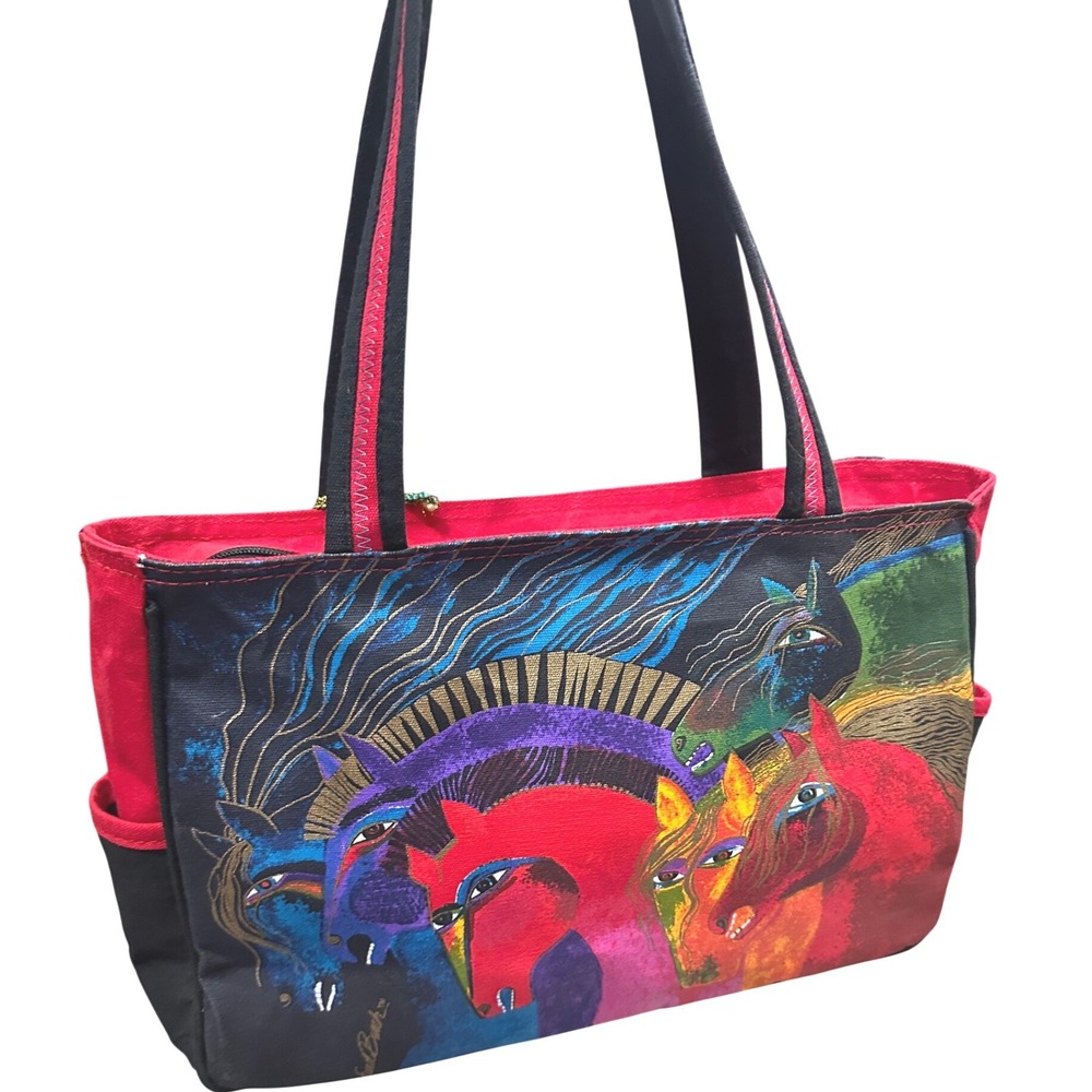 Laurel Burch Horse Canvas Tote Bag Red Blue Purple Vintage Art 90s Vintage